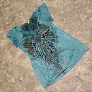 Y2K Multicolor Graphic Blouse with Rhinestones Medium